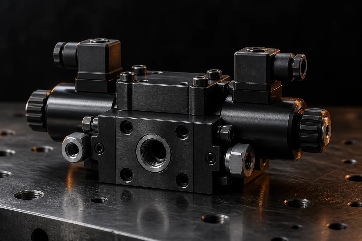 Precision hydraulic valve assembly with dark steel surfaces.