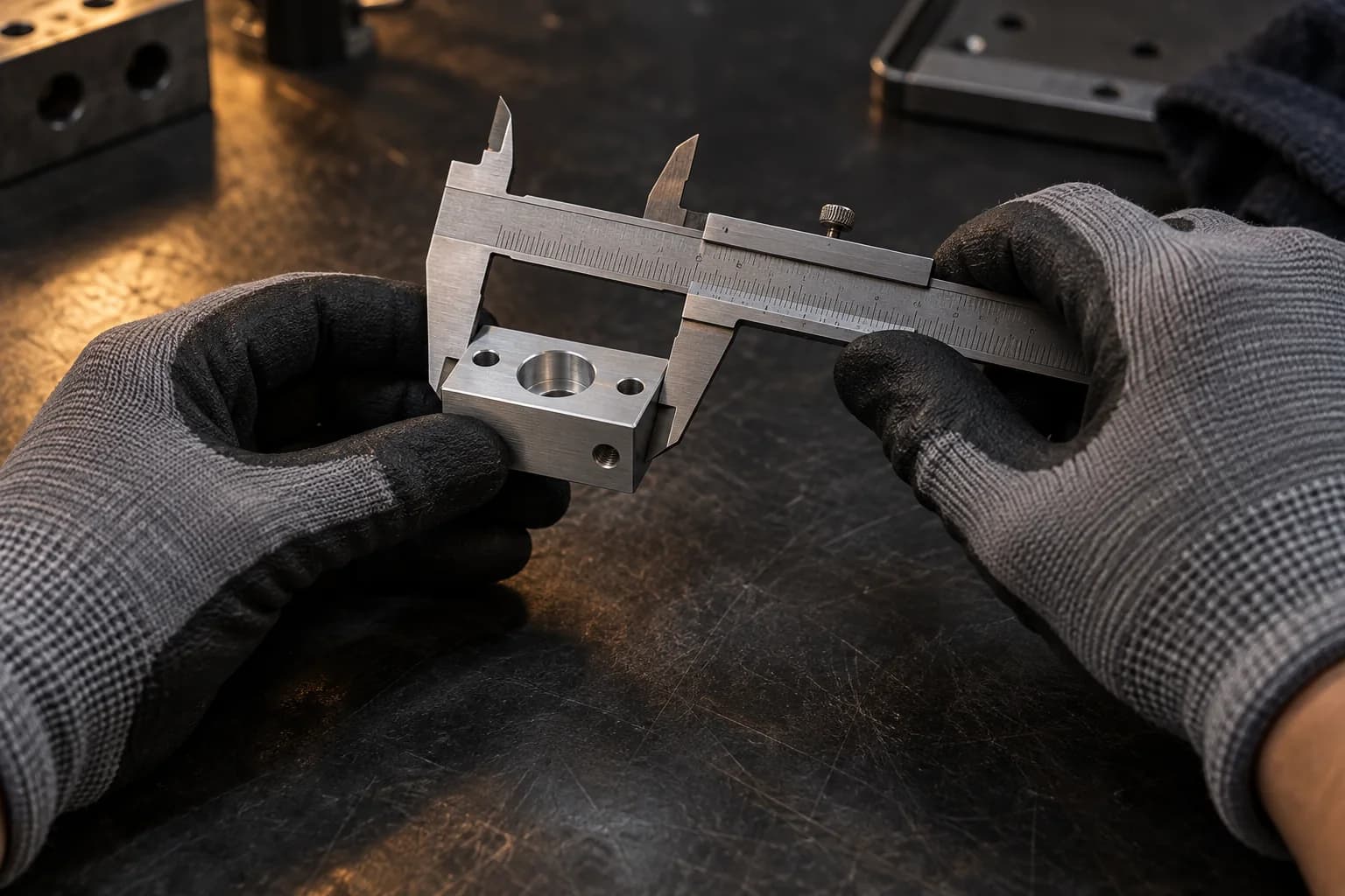 Gloved hands measuring a machined metal component with a caliper.