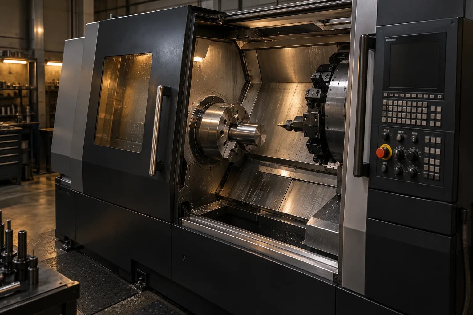 CNC machine enclosure showing the chuck, workpiece and tooling.