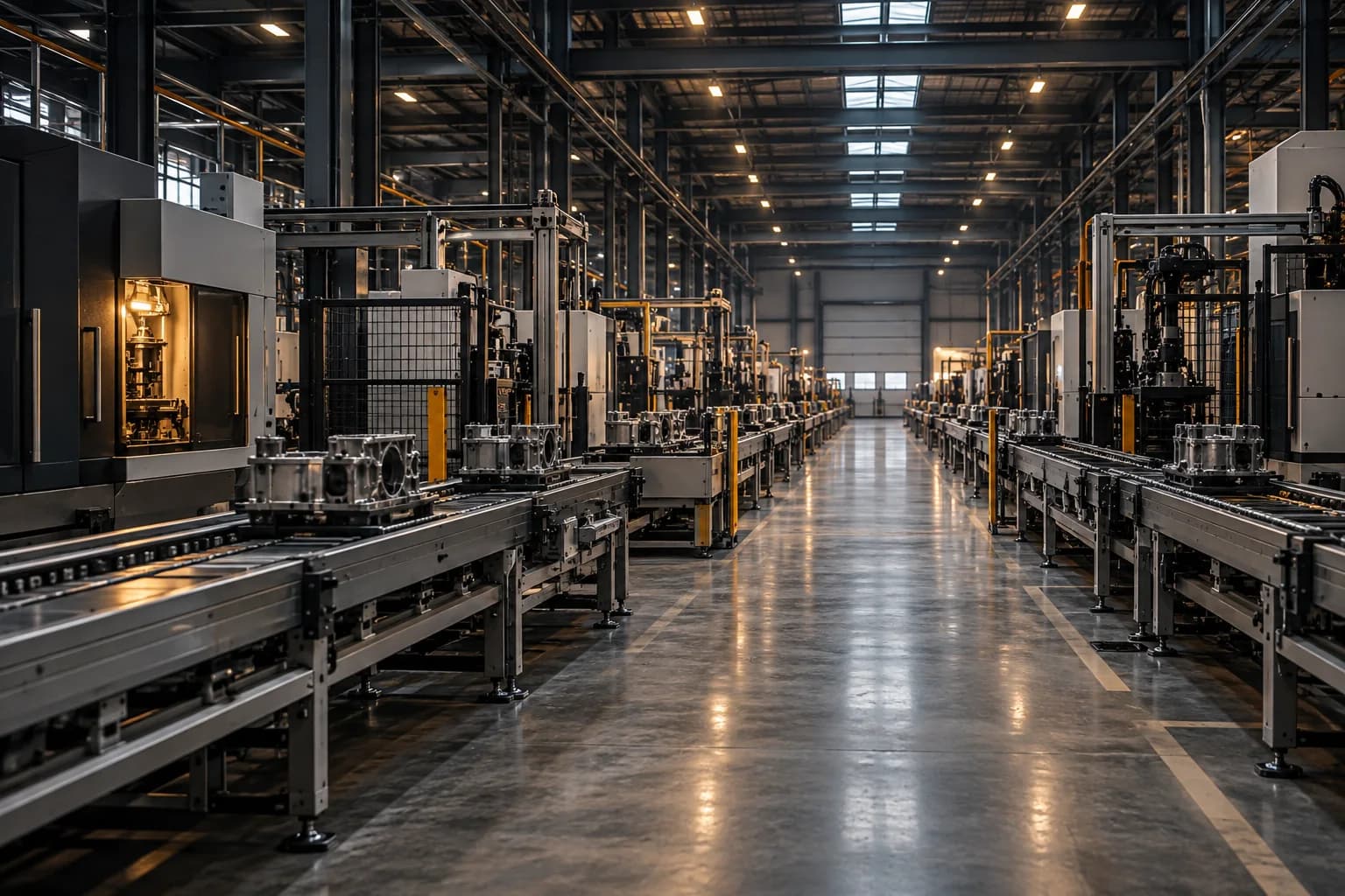 Connected machining stations and conveyors extending through a manufacturing hall.